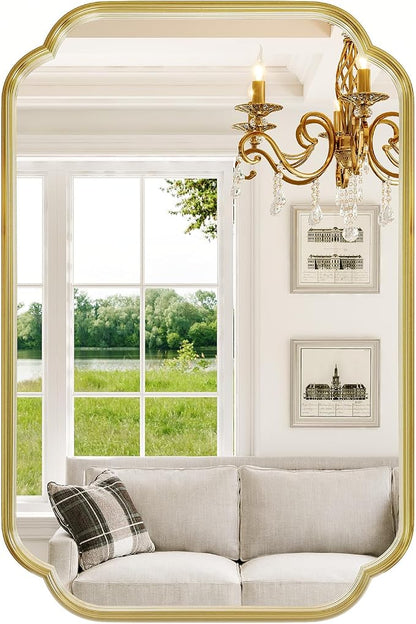 Gold Bathroom Scalloped Mirror, 24” x 36” Rounded Corner Rectangle Wall Mirrors with Metal Frame, Modern Vanity Mirror for Fireplace, Living Room, Entryway, Horizontal or Vertical