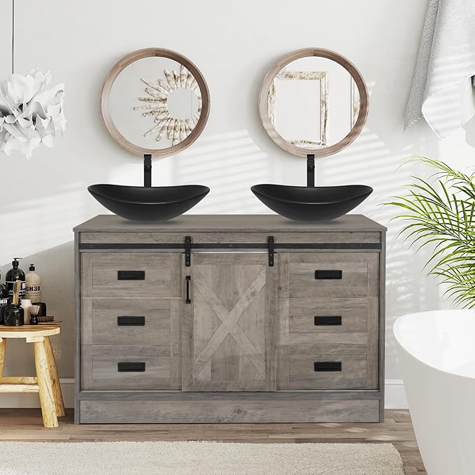 48 inch Barn Door Bathroom Vanity with 6 Drawers, Farmhouse Style Standing Pedestal Cabinet with Two Black Ceramic Boat Sink