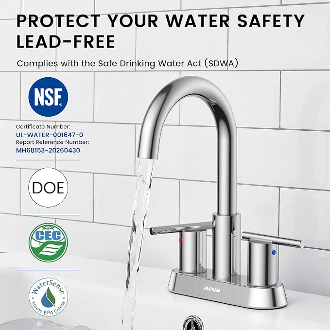 Chrome 4 Inch Centerset Bathroom Faucet, 3 Hole Sink Faucet | Lead-free stainless steel, Chrome, 2-handle control, 4" 3-hole centerset, Pop-up drain & hoses included, Fits RV vanity
