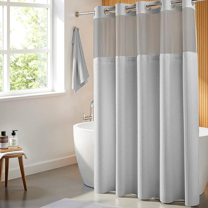 River Dream Cotton Blend Fabric Shower Curtain Set with Liner, Gray, 71x86 | Waffle Weave, No Hook Needed, with Snap in Replacement Liner, Top Sheer Window, Hotel Quality for Bathroom, Extra Long