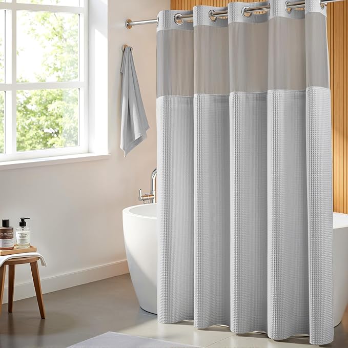 River Dream Gray Cotton Blend Fabric Shower Curtain Set with Liner, 71x74 | Waffle Weave, No Hook Needed, with Snap in Replacement Liner, Top Sheer Window, Hotel Quality Fabric for Bathroom
