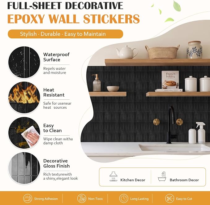 JOLOV 10 Pack Peel and Stick Backsplash Tiles, Waterproof 3D Stickers | Thicker self-adhesive 3D tile stickers for kitchen and bathroom walls; removable, waterproof and easy to install.