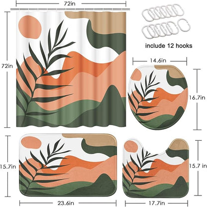 Bathroom Sets with Shower Curtain and Rug 4 Pcs, Boho Sun Mountain | Mid Century Abstract Bathroom Decor Set with Toilet Lid Cover, Non-Slip Bath Mats and Accessories 12 Hooks