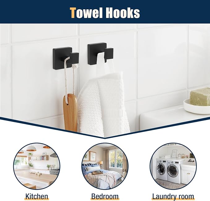 10 Pcs Matte Black Bathroom Hardware Accessories Set 23.6 Inch Wall Mounted | Bath Towel Bar Kit with Square Towel Racks Ring and Towel Hooks, Paper Holder, 304 Stainless Steel