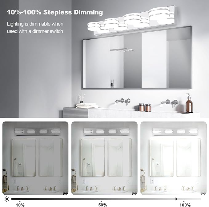 GOODATE 3 Color Temperature Dimmable Vanity Lights for Bathroom, LED Chrome 4 Light Vanity Lighting Fixtures, Acrylic Stainless Steel Oval Shade Bathroom Light Fixtures Over Mirror, ETL Certificated
