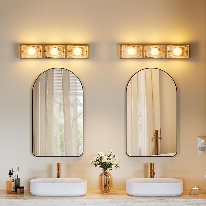 Tribesigns 3-Light Vanity Fixtures, Curved Cloud Glass Lampshades Gold Copper Plate, Modern Bathroom Wall Lighting Fixtures Over Mirror, 3CCT LED Vanity Lights (22-Inch, 3000K/4000K/5000K, Dimmable)