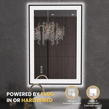 LOAAO 24"X36" LED Bathroom Mirror Black Framed | Anti-Fog, Dimmable, Memory Function, Tempered Glass, Lighted Vanity Mirror for Wall