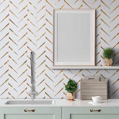 DICOFUN 1 Sheet Polished White Herringbone Peel and Stick Backsplash for Kitchen, PVC Mixed Metal Gold Chevron Stick on Backsplash Wall Tiles