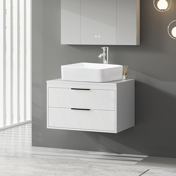 eclife 30" Floating Bathroom Vanities with Sink Combo, Wall Mounted Modern Cabinet W/Diamond Line Pattern Design, White Rectangle Ceramic Vessel Sink W/Water Save Faucet & Pop Up Drain, White