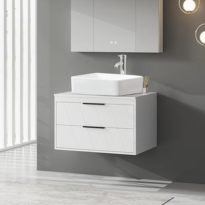 eclife 30" Floating Bathroom Vanities with Sink Combo, Wall Mounted Modern Cabinet W/Diamond Line Pattern Design, White Rectangle Ceramic Vessel Sink W/Water Save Faucet & Pop Up Drain, White