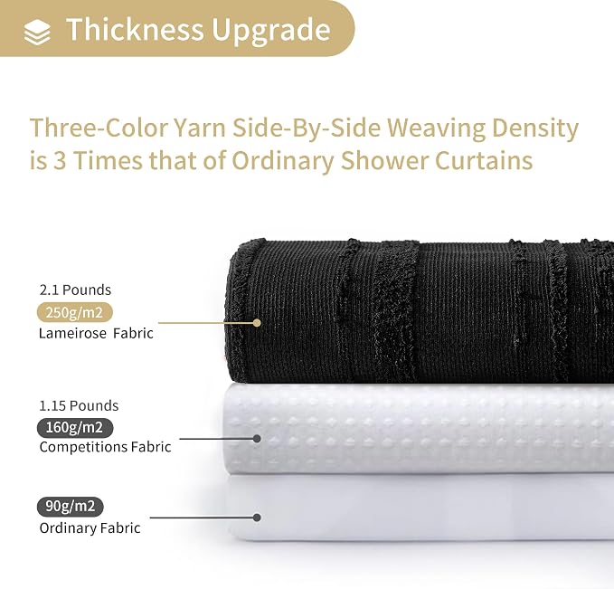 Extra Long Black Shower Curtain Boho, 72 x 78 Cotton Blend Waffle Weave Stripe Textured Heavy Duty, Fabric Shower Curtain for Bathroom