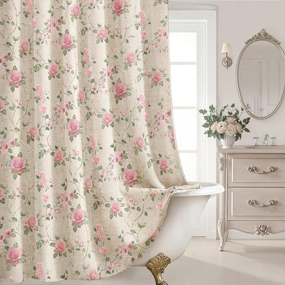 Pink and Sage Green Floral Linen Shower Curtain,Vintage Cottage core Shower Curtains for Bathroom,72Wx72H