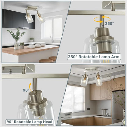 LOUSACE 2 Light Brushed Nickel Bathroom Vanity Track Light Fixtures Ceiling Mount Kitchen Track Lighting Kit with Clear Glass Shade, Modern Wall Ceiling Rotatable Tracking Light Heads for Accent Shop