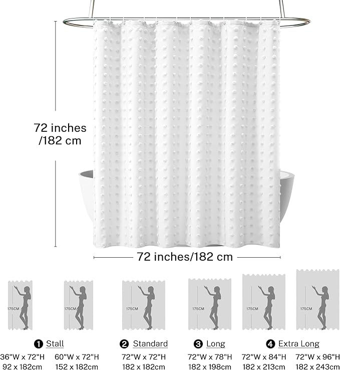 Boho Farmhouse White Shower Curtain Woven Fabric Shower Curtain, 72 x 72 Tufted Pleat Floral Puffs Textured Modern Farmhouse Minimalist Shower Curtain Set with Hooks for Bathroom