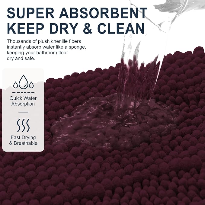 Smiry Thick Chenille Bathroom Runner Rugs 44x24, Bath Mat, Black Cherry | Quick‑Dry & Machine Washable, Non‑Slip Bath Carpet, Soft Striped Bath Rugs for Tub & Shower, Modern Home Decor Accessories
