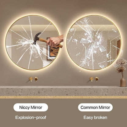 Niccy Round LED Bathroom Mirrors, Gold Framed Backlit Vanity Mirror, 28" | LED Smart Circle Mirror with 3 Color Lighting, Anti-Fog Lighted, IP65 Waterproof, Wall Mounted Bathroom Vanity