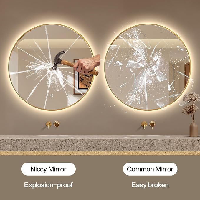 Niccy Round LED Bathroom Mirrors, Gold Framed Backlit Vanity Mirror, 24" | LED Smart Circle Mirror with 3 Color Lighting, Anti-Fog Lighted, IP65 Waterproof, Wall Mounted Bathroom Vanity