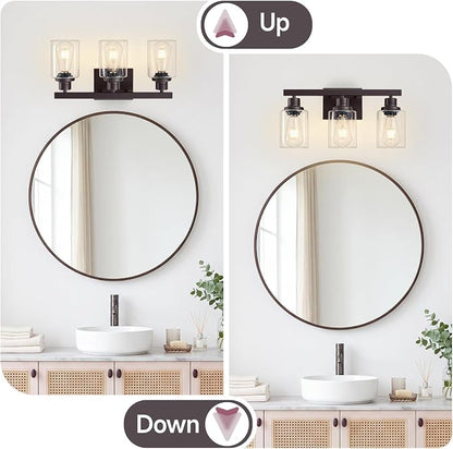 3 Light Bathroom Vanity Light,Oil Rubbed Bronze Vanity Lights 17" | Bronze Bathroom Light Fixtures over Mirror,with Clear Glass,Modern Wall Sconces for Bathroom,E26 Base