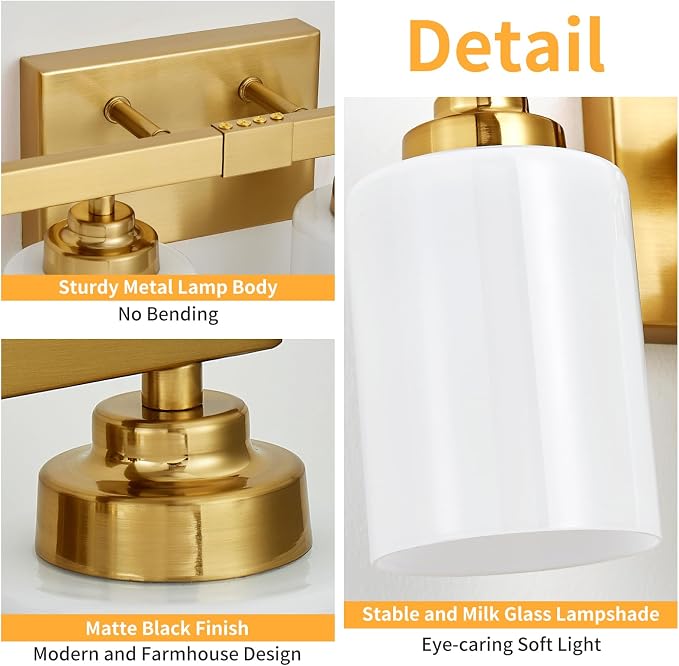 Bathroom Light Fixtures, Vanity Light Over Mirror Gold 4-Light Fixture | Modern bathroom vanity light fixture with metal frame, ideal for mirrors, bedrooms and hallways. Fits E26 bulbs.