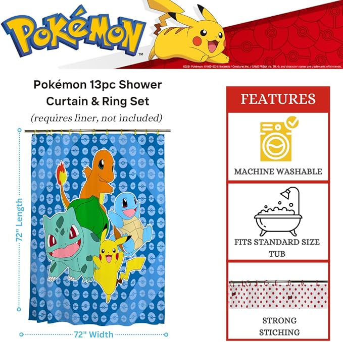 Pokemon Anime 13-Piece Shower Curtain Set, 72 x 72 Inch Fabric Curtain with Hooks, Bathroom Decor, Machine Washable, (100% Officially Licensed Product) by Franco Collectibles
