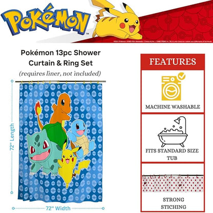 Pokemon Anime 13-Piece Shower Curtain Set, 72 x 72 Inch Fabric Curtain with Hooks, Bathroom Decor, Machine Washable, (100% Officially Licensed Product) by Franco Collectibles