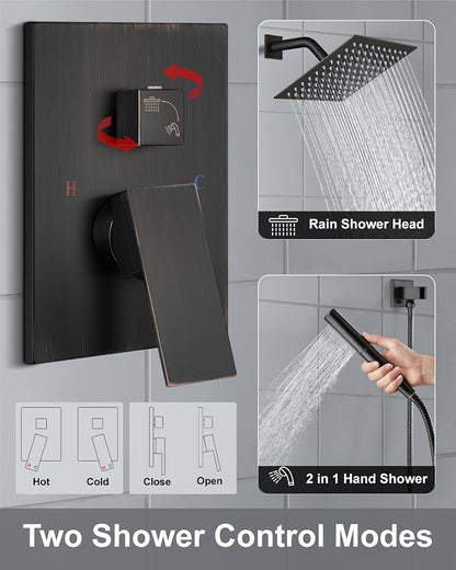 Aolemi Shower System with Rain Head and Handheld,8-Inch,Bronze | High-Pressure Shower Faucet Set with Dual-Function Handheld,Rough-In Valve,1.8 GPM,Wall-Mount Trim Kit