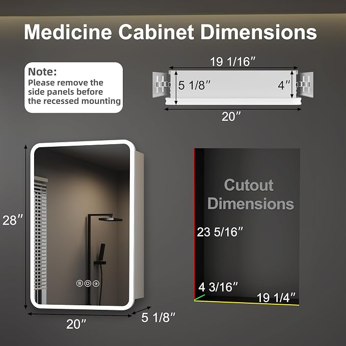 20 x 28 Inch Medicine Cabinet with Mirror and LED Light for Bathroom | Recessed, Wall-Mounted, Dimmable, Anti-Fog, Memory Function, 3 Color Mode, Outlet&USB, Adjustable Shelf, ETL Listed, Aluminum