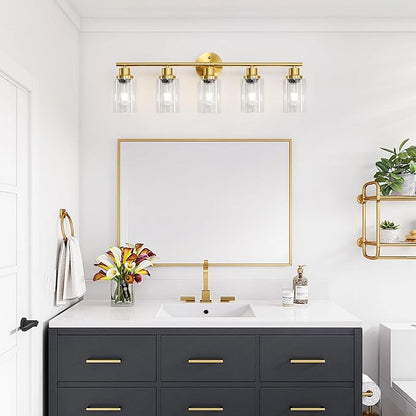5-Light Bathroom Vanity Lights, E26 Modern Brushed Gold Bathroom Light Fixtures with Clear Glass Shade, Mirror Kitchen Hallway Cabinet Living Room Sconces Wall Lights