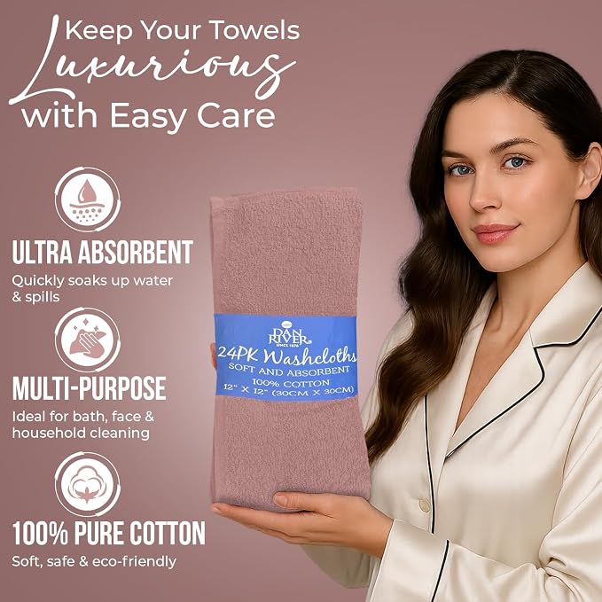 DAN RIVER 24 Pack Cotton Wash Cloths Set for Showering [12x12] Dusty Pink | Lighter Weight, Quick to Dry, Super Soft & Absorbent Face Towels, Hotel Quality, Perfect for Bathroom, Gym, Spa
