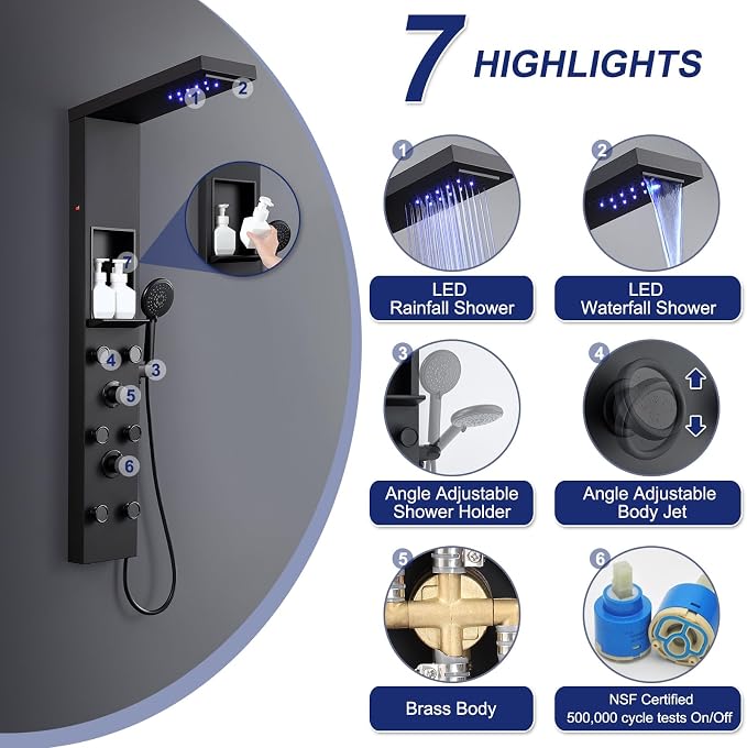 ROVATE LED Shower Panel Tower with Shelf & 6 Adjustable Jets, Matte Black | Stainless Steel Rainfall Waterfall Shower Column with 6 Angle Adjustable Body Massage Jets, Self-Cleaning 5-Setting Handheld