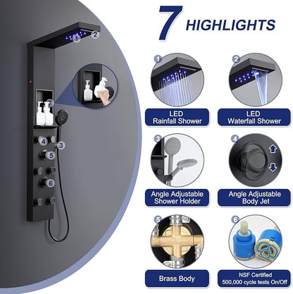 ROVATE LED Shower Panel Tower with Shelf & 6 Adjustable Jets, Matte Black | Stainless Steel Rainfall Waterfall Shower Column with 6 Angle Adjustable Body Massage Jets, Self-Cleaning 5-Setting Handheld