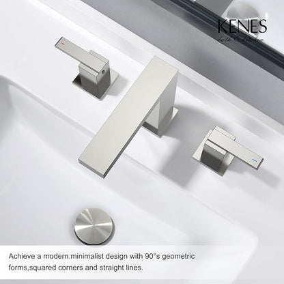 KENES 2 Handle Widespread Bathroom Faucets Brushed Nickel, Bathroom Sink Faucet 3 Hole Vanity Faucet with Lead-Free Supply Hose, KE-9050