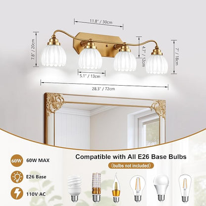 4 Light Gold Vintage Vanity Lights, Antique Brass Finish | Milk White Tulip Crystal Shades,Brushed Gold Bathroom Light Fixtures, Wall Sconce Ideal for Bedroom,Hallway,Easy to Install