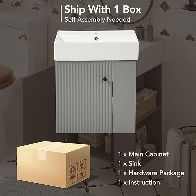 Merax 20 Inch Bathroom Vanity, Floating Sink Vanity Combo, Modern Wall Mount Bathroom Cabinet with Ceramic Integrated Sink for Small Space,Gray