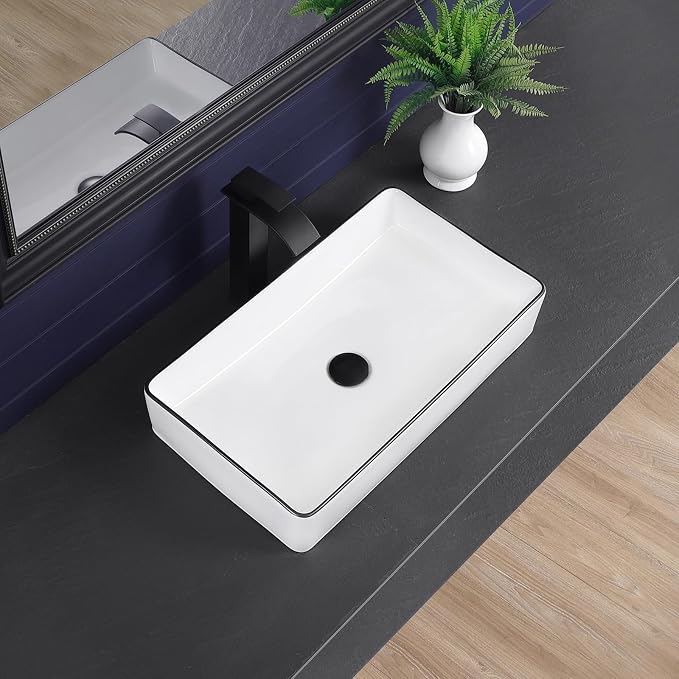 Vessel Sink 24"x14" Rectangular Bathroom Sink Modern White with Black Trim Porcelain Ceramic Above Counter Vanity Sink for Bathrooms Art Basin