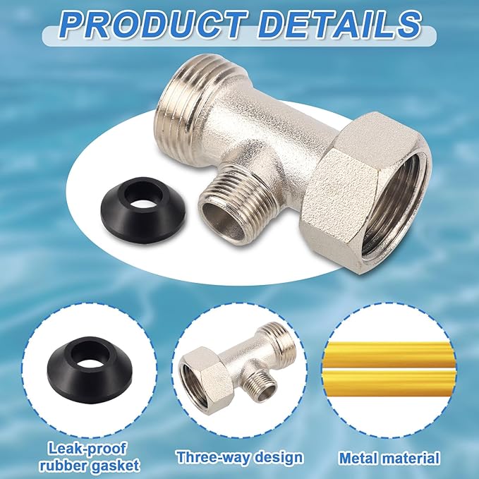 7/8"x7/8"x3/8" 3-Way T Valve Connector with Washer Universal Metal Adapter | T-Adapter for Shower Toilet Bidet Attachment Valve Hose Fitting Replacement Parts Accessories
