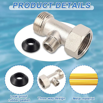 7/8"x7/8"x3/8" 3-Way T Valve Connector with Washer Universal Metal Adapter | T-Adapter for Shower Toilet Bidet Attachment Valve Hose Fitting Replacement Parts Accessories