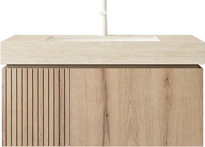KEIKI 36 Inch Floating Bathroom Vanity with Sink, Modern Wall Mounted Storage Cabinet with Drawer, Pre-assembled Waterproof Wood Panels, Sintered Stone Top & Ceramic Basin Combo Set, White Oak & Beige