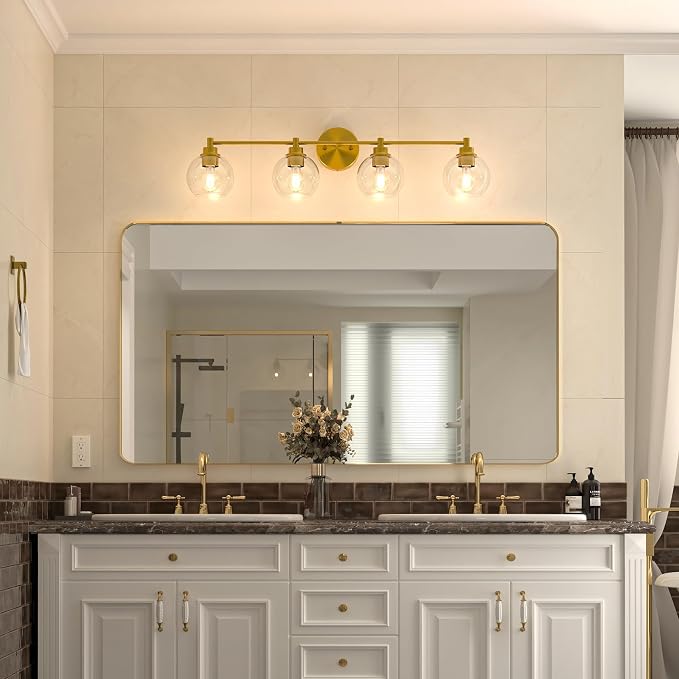 VONLUCE 4 Light Bathroom Vanity Light Fixtures, Gold Finish | Globe Glass Shades, E26 Sockets, Easy to install, Vanity Lights for Bedroom Hallway Living Room
