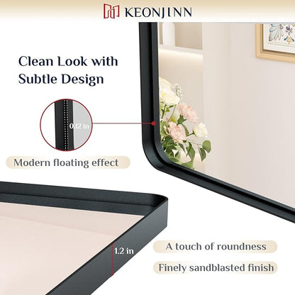 Keonjinn 24 x 36 Inch Black Vanity Mirror, Aluminum Frame Bathroom Mirror | Tempered Glass with Clear Reflection, Matte Black Sandblasted Finish, Anti-Rust, Seamless Aluminum Frame, Rounded Rectangle