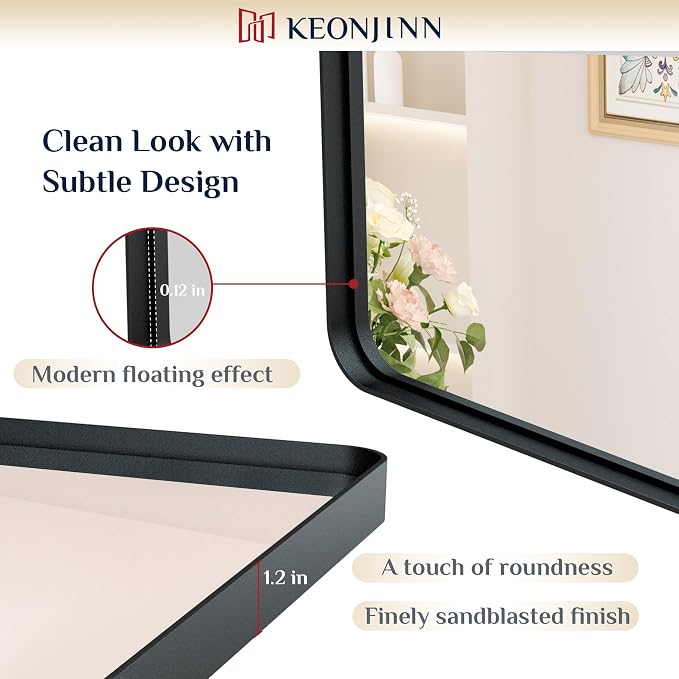 Keonjinn 24 x 32 Inch Black Bathroom Mirrors for Over Sink, Tempered Glass | Sandblasted Finish, Matte Black Vanity Mirror, Anti-Rust, Seamless Aluminum Frame, Rounded Rectangle, French Cleat Mount