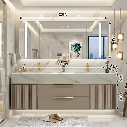 90 Inch Floating Bathroom Vanity with Double Sink, Khaki | Smart LED Defog Medicine Cabinet, Sintered Stone Countertop, Solid Wood, 2 Soft-Close Doors & Drawers, Khaki