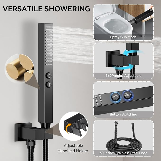 Shower Faucet Set,Thermostatic Shower System,12 Inch Ceiling Mounted and 6 Inch Wall Mount Rain Shower Head with 2 in 1 Handhled,High Pressure Dual Shower Head Combo Set Matte Black