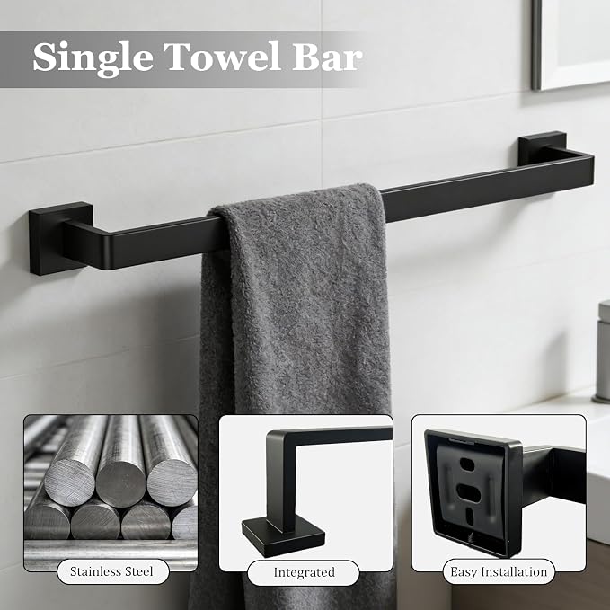 5-Pieces Wall Mount Bathroom Hardware Set,23.6in Towel Bar Set,Matte Black | Waterproof Stainless Steel Bathroom Accessories,Toilet Paper Holder with Shelf,Towel Ring,Coat Hook