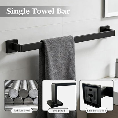5-Pieces Wall Mount Bathroom Hardware Set,23.6in Towel Bar Set,Matte Black | Waterproof Stainless Steel Bathroom Accessories,Toilet Paper Holder with Shelf,Towel Ring,Coat Hook