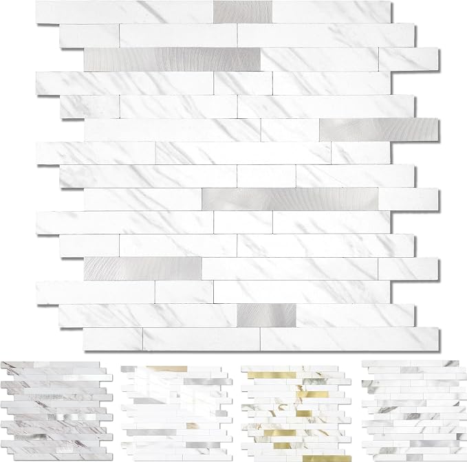 Yipscazo 1 Sheet Peel and Stick Stone Metal Tile Backsplash, Stick on Tiles for Backsplash Kitchen, Bathroom, Laundry Room, Camper, Fireplace (12'' X 12'', White Stone with Metal)