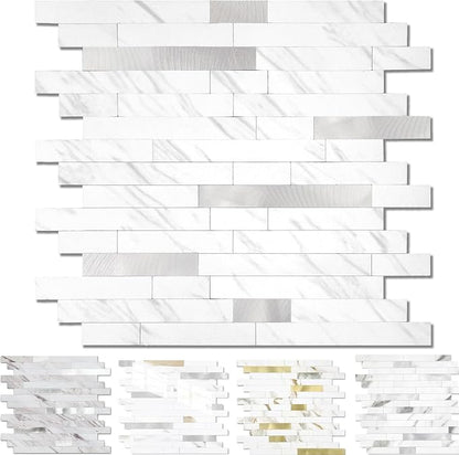 Yipscazo 1 Sheet Peel and Stick Stone Metal Tile Backsplash, Stick on Tiles for Backsplash Kitchen, Bathroom, Laundry Room, Camper, Fireplace (12'' X 12'', White Stone with Metal)