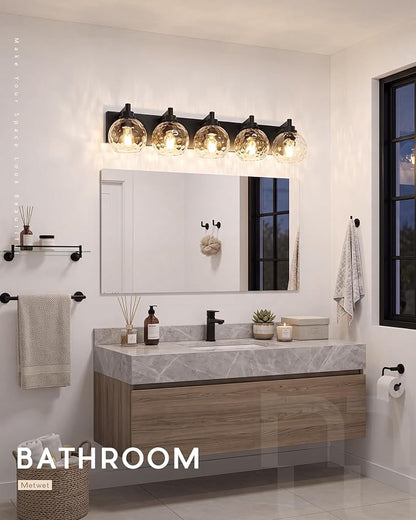 5-Light Black Bathroom Vanity Light, Hammered Glass Globe Shade | 32 Inch matte black modern bathroom light fixture over mirror, UL listed, E26 bulbs, hardwired, upward only, VL200-MB-CL-5