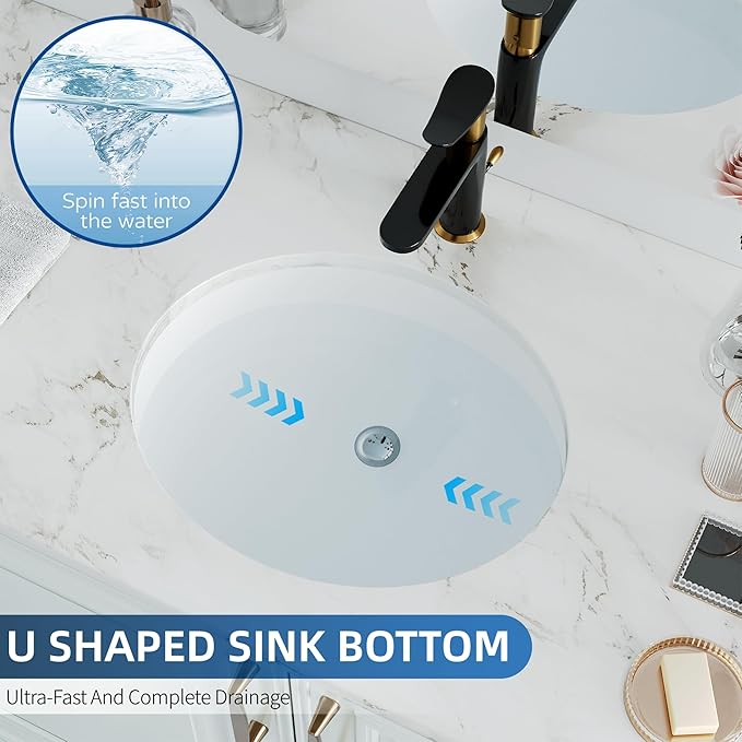 Undermount Bathroom Sink Oval, Hugsleek Interior Bowl Size 18 x 15 inch White Porcelain Ceramic Vessel Sink Under Counter Oval Exterior size 20x16in Bath Sink Bowl Basin Lavatory Vanity Fireclay