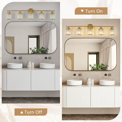 5-Light Crystal Bathroom Light Fixtures, Modern Gold Vanity Light, 37.4" Vanity Lights with Clear Crystal Shade, E26 Base Wall Sconces Over Mirror for Bathroom, Bedroom, Hallway